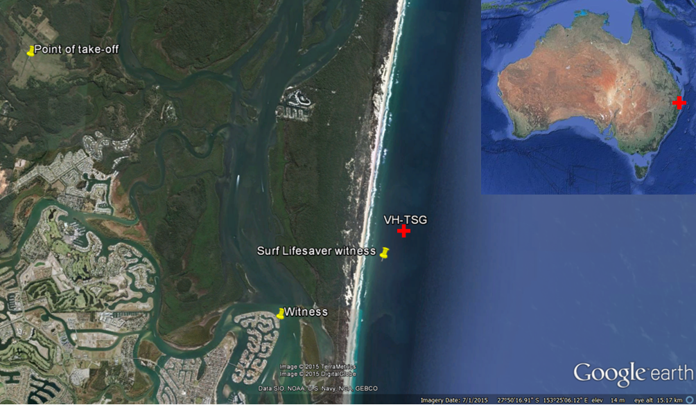 Figure 1: Location overview showing the operator’s airstrip, the position of the witnesses and the location of the impact with the water